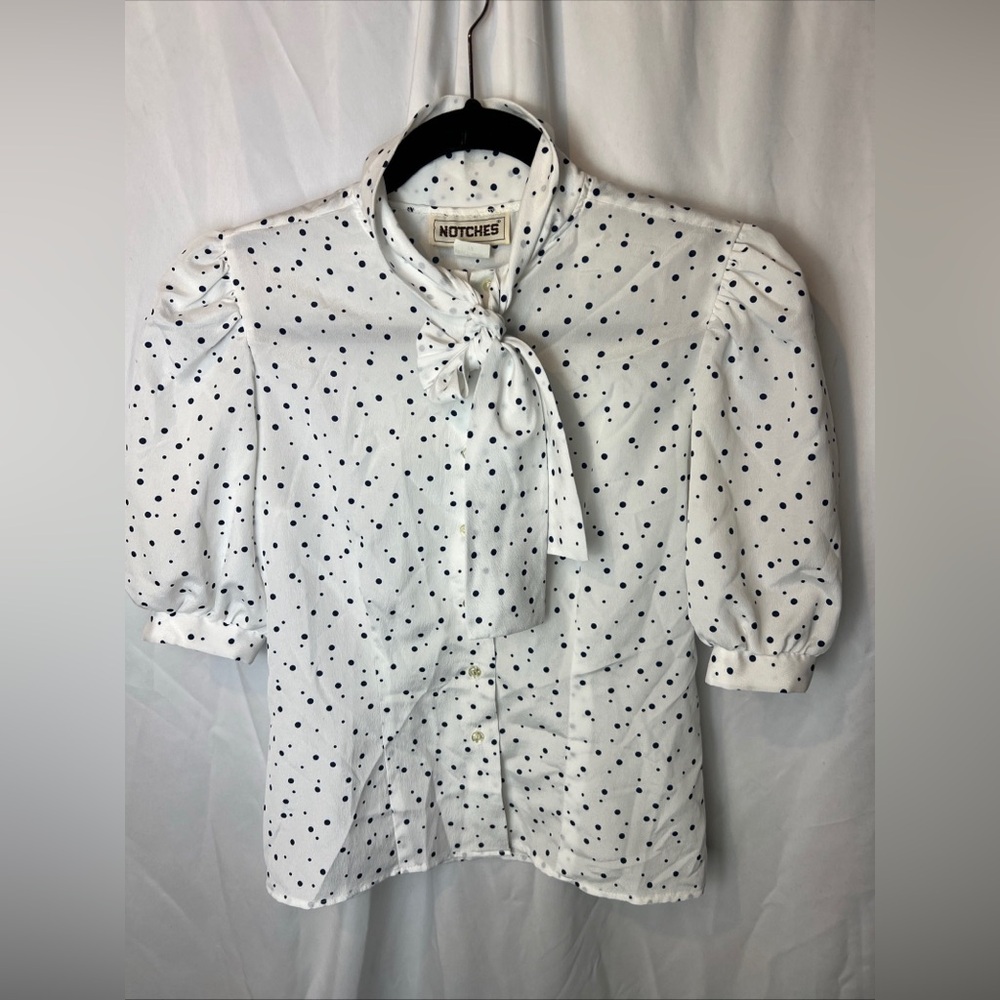 Vintage Notches White Polka Dot Blouse with Bow